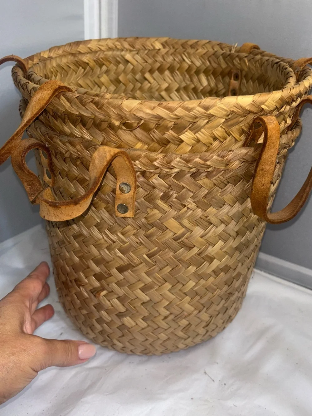 3 vintage Handwoven Straw Tote Bag with Leather Handles - Natural